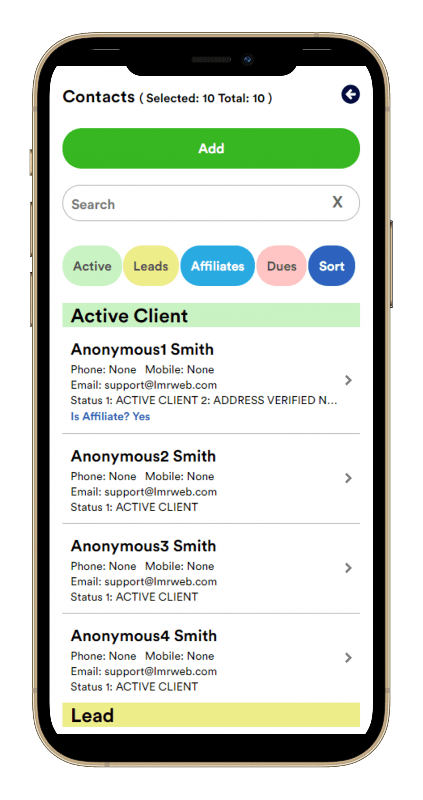 CRMSalesMachine Contacts Screen on Mobile
