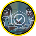 Large check icon with people working on a computer in the background